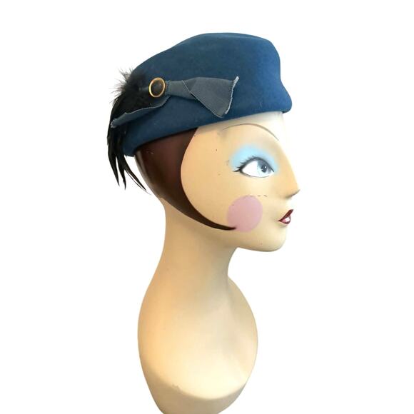 Vintage 80s Liz Claiborne Accessories Blue Wool Felt Pillbox Hat Feather USA main image 8